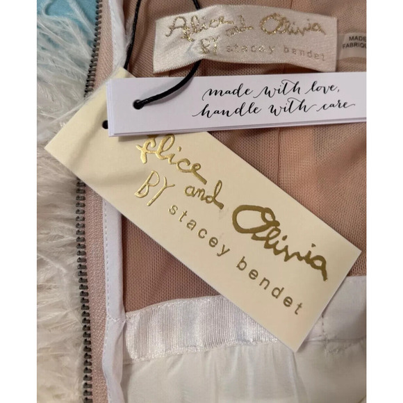 ALICE + OLIVIA XIA SHEER BUSTIER CRYSTAL FEATHERED MINI DRESS OFF WHITE SIZE 14 - Picture 7 of 11